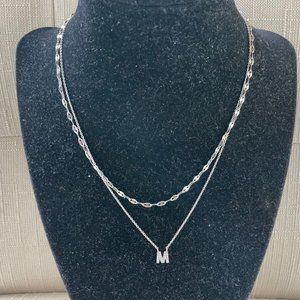 Women Necklace Letter "M" Pendant Double Layer Chain Silver Tone Necklace Jewelr